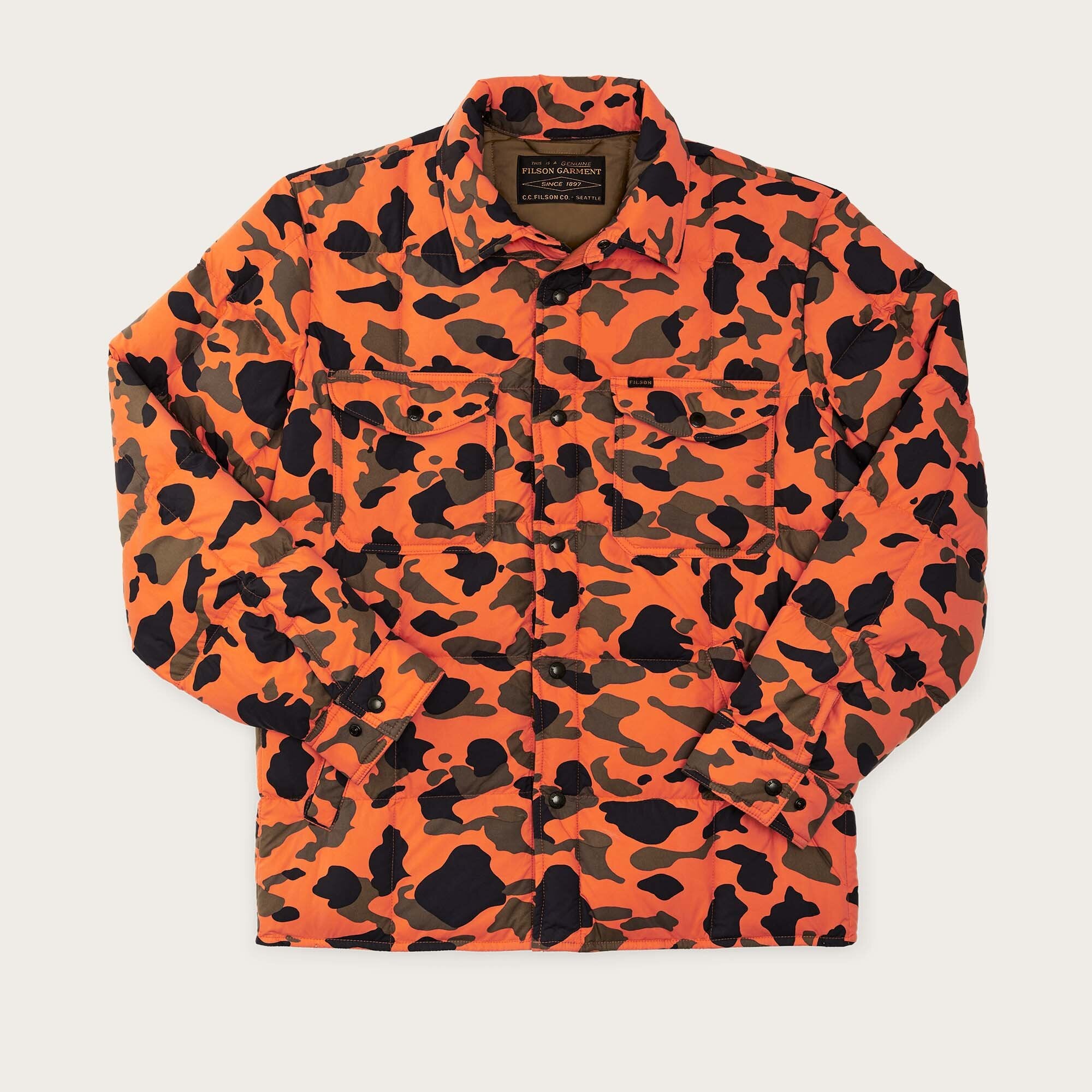 Lightweight down jac shirt by Filson Flame camo Orange